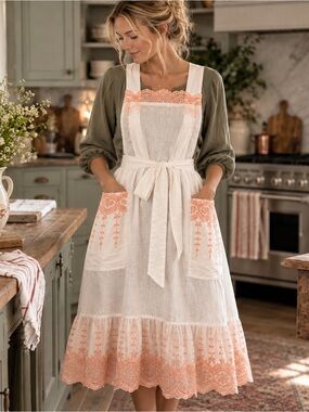 White & Tangerine Apron | Cotton | Ruffle Lace | 2 Pockets | Feminine 🌸